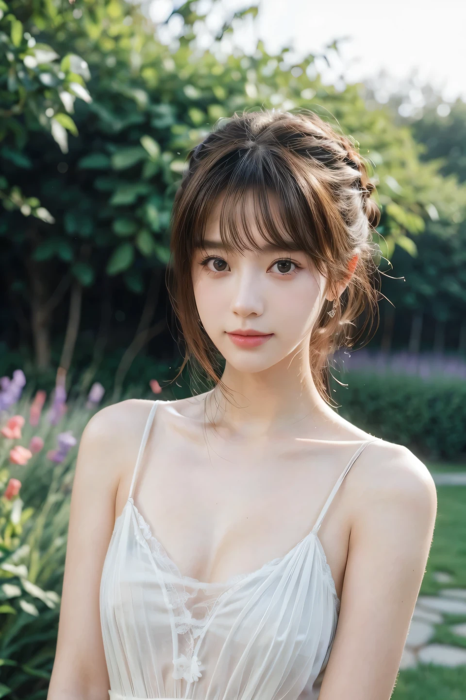 1girl, (looking at viewer:1.2), detail face, (a girl standing, rending on cgsociety, Lavender garden backdrop), romanticism, atmospheric, (RAW photo, best quality), (realistic, photo-realistic:1.3), masterpiece, an extremely delicate and beautiful, extremely detailed, D cup,Cleavage,Translucent brown tube top1.5)Hair in a bun,Small and delicate earrings,Exquisite eye details,Charming smile 1.5