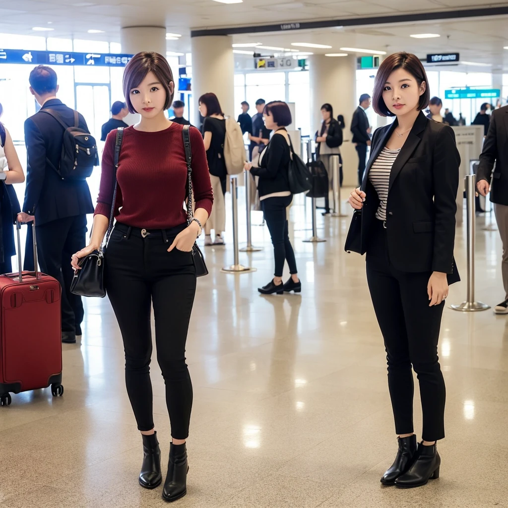 Beautiful 50s Korean woman , 32 inch chest size, Your eyes are big and pretty. Short in stature. Standing in the departure hall of the airport. . short medium hair, Standing in line at the departure hall of Frankfurt Airport, Germany. Wearing comfortable travel clothes with casual pants. .Dragging a suitcase. short medium hair, short height, Full body shot with Canon camera 16-35 wide angle lens, short medium hair. expressionless, full body shot, perfect fingers, Make the airport electronic display visible, 멀리 full body shot, I see an electronic display board, uhd