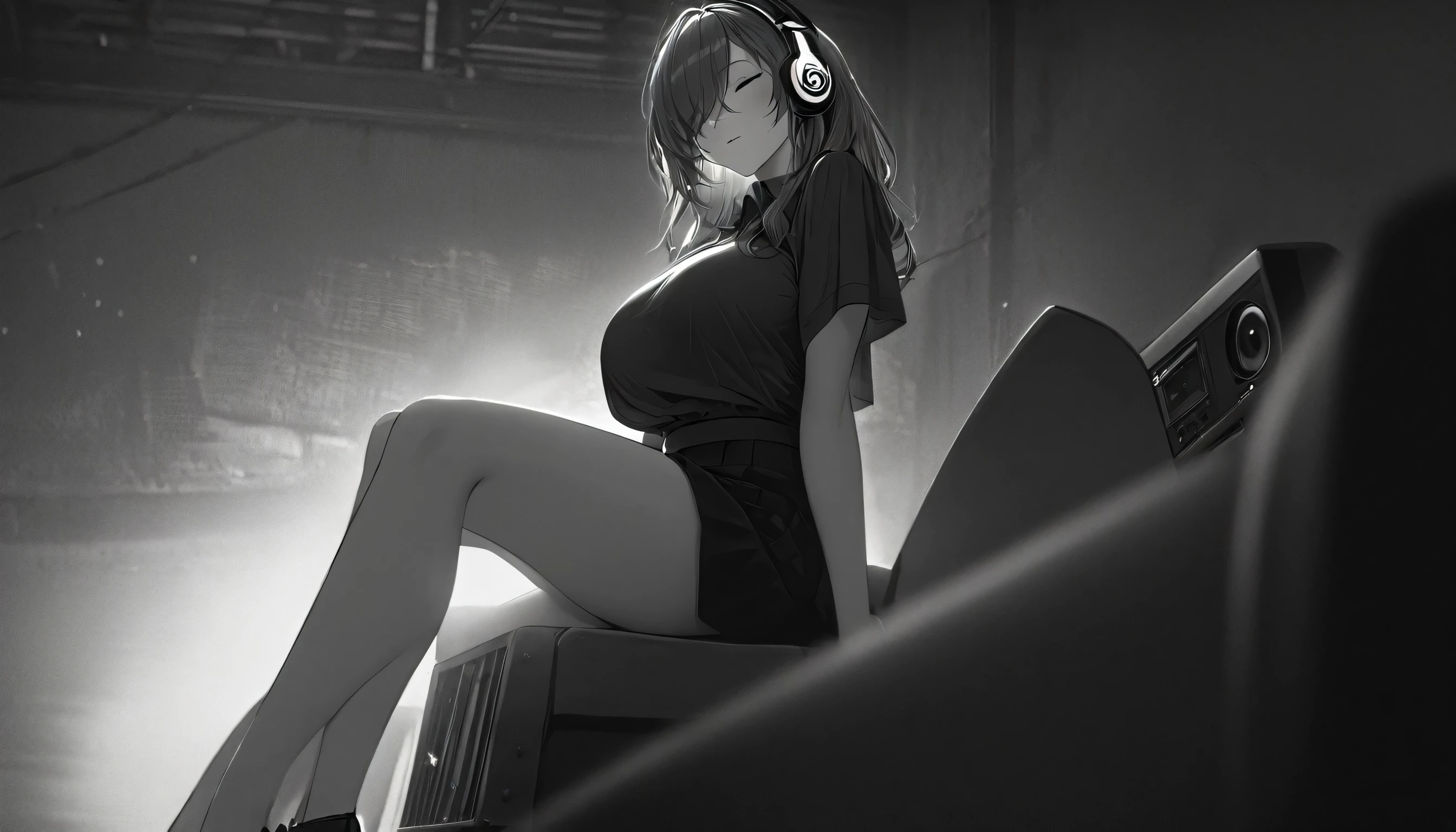 anime girl, sitting on her ankles, listening to music with headphones, closed eyes, vibing to the music, attractive clothes, womanlike figure, wider hips, bigger breasts, intricate details, portrait, digital art, cinematic lighting, dramatic shadows, muted color palette, moody atmosphere, (best quality,4k,8k,highres,masterpiece:1.2),ultra-detailed,(realistic,photorealistic,photo-realistic:1.37),highly detailed face, striking eyes, delicate features, elegant hairstyle, soft skin, intricate clothing folds, dramatic pose, cinematic framing, atmospheric background