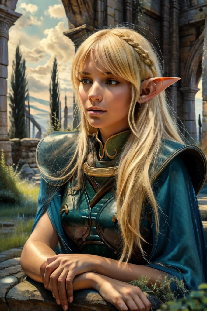 1girl, deedlit, blond elf, sitting gracefully on ancient stone bench, playing lute, long flowing hair, flowing cloak, soft breeze, detailed face, beautiful detailed eyes, beautiful detailed lips, extremely detailed face and features, hyperrealistic, photorealistic, 8k, cinematic lighting, dramatic atmosphere, fantasy landscape, ancient ruins, mossy stones, warm color palette