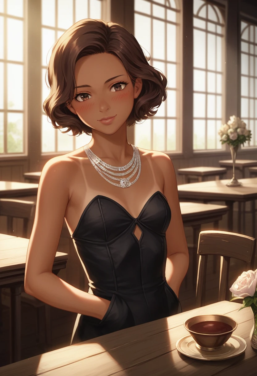 masterpiece, best quality, mawsloislane, (solo, female focus, 1girl:1.05), (half smile:0.75), blushing, solo, tanned, brown eyes, brown hair, short hair, upper body, wearing a fancy dark dress, jewelry, (petite, small breasts:1.1), hands in pocket, indoors, fancy restaurant background, sitting, mahogany wood table, mahogany wood chair, (candles:0.8), (window:0.8), (flowers:0.95), (dim lighting, atmospheric lighting:1.1), (detailed background:1.1), pantalones ajustados, mostrando su culo mirando desde atras, sexy, culo hermoso, cuerpo de diosa