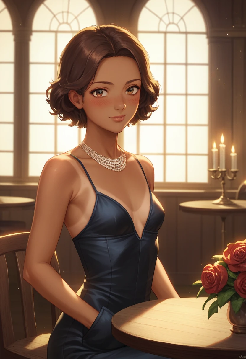 masterpiece, best quality, mawsloislane, (solo, female focus, 1girl:1.05), (half smile:0.75), blushing, solo, tanned, brown eyes, brown hair, short hair, upper body, wearing a fancy dark dress, jewelry, (petite, small breasts:1.1), hands in pocket, indoors, fancy restaurant background, sitting, mahogany wood table, mahogany wood chair, (candles:0.8), (window:0.8), (flowers:0.95), (dim lighting, atmospheric lighting:1.1), (detailed background:1.1), pantalones ajustados, mostrando su culo mirando desde atras, sexy, culo hermoso, cuerpo de diosa
