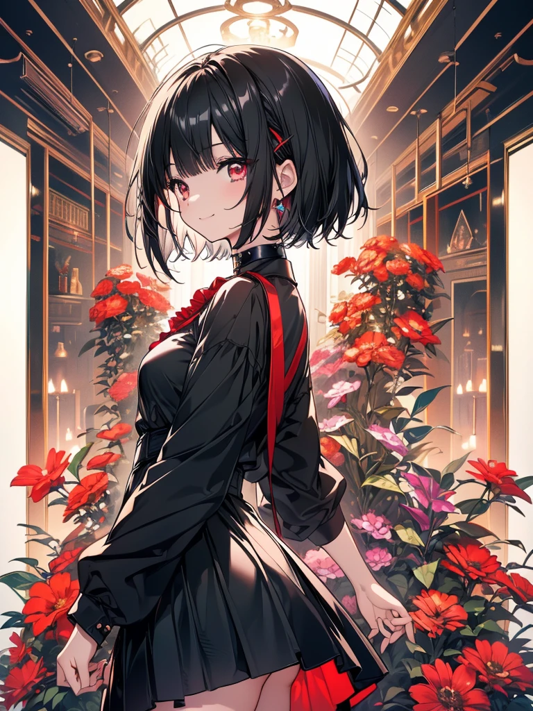 (masterpiece, highest quality, highest quality, (No text), Beautiful and aesthetic:1.2),No text,アニメ、BREAK,One Girl，Black Hair Girl　short hair　older sister　choker　Tree Eyes　Beautiful eyes　Red eyes　cool　smile　Red and Black　Black jacket　mini skirt　whole body　In town
