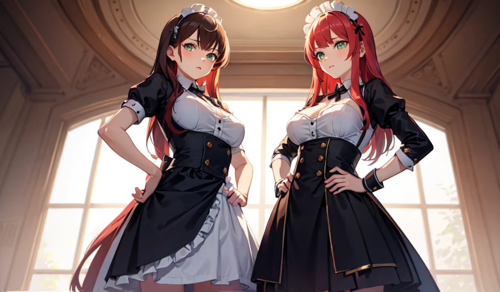 ((best quality)), ((masterpiece)), (detailed), 1girl, Beautiful and stylish maid in a bit of trouble,Angle from directly below,Hands on hips,Very attractive,Red hair,Beautiful green eyes,Her face is red and she looks a little embarrassed.,On the chest1There is a stain of a handprint