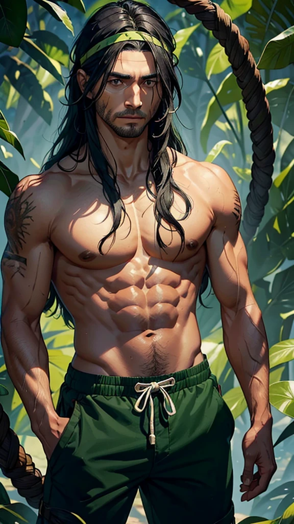 A man around 30 years old, medium height, long black hair, slightly messy, not tied, blind, brown skin with scars on several parts of the body, athletic and muscular body, green warrior clothes, green snake scale motif, long trousers, headband, wooden stick.