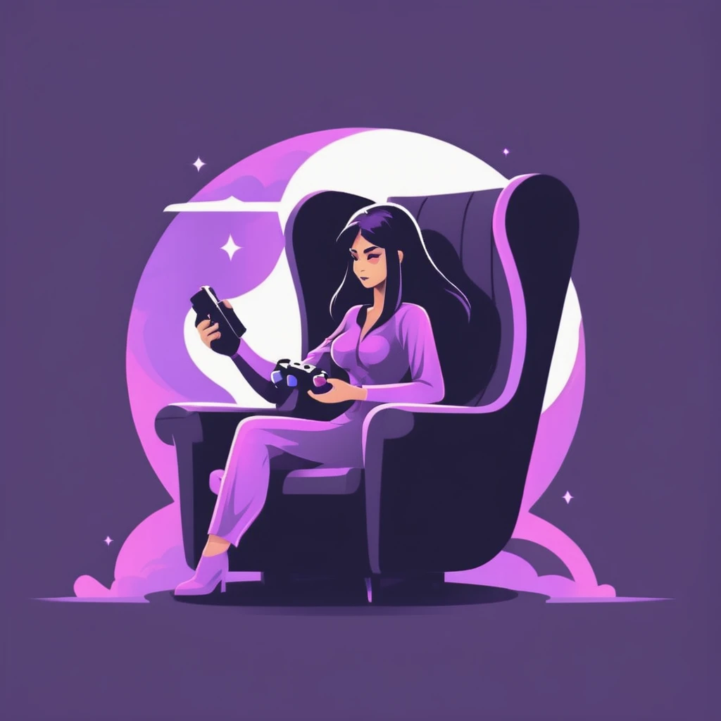 A logo for a video game company, with a witch playing video games with a video game controller, Sitting in an armchair, minimalist, of various shades of violet.