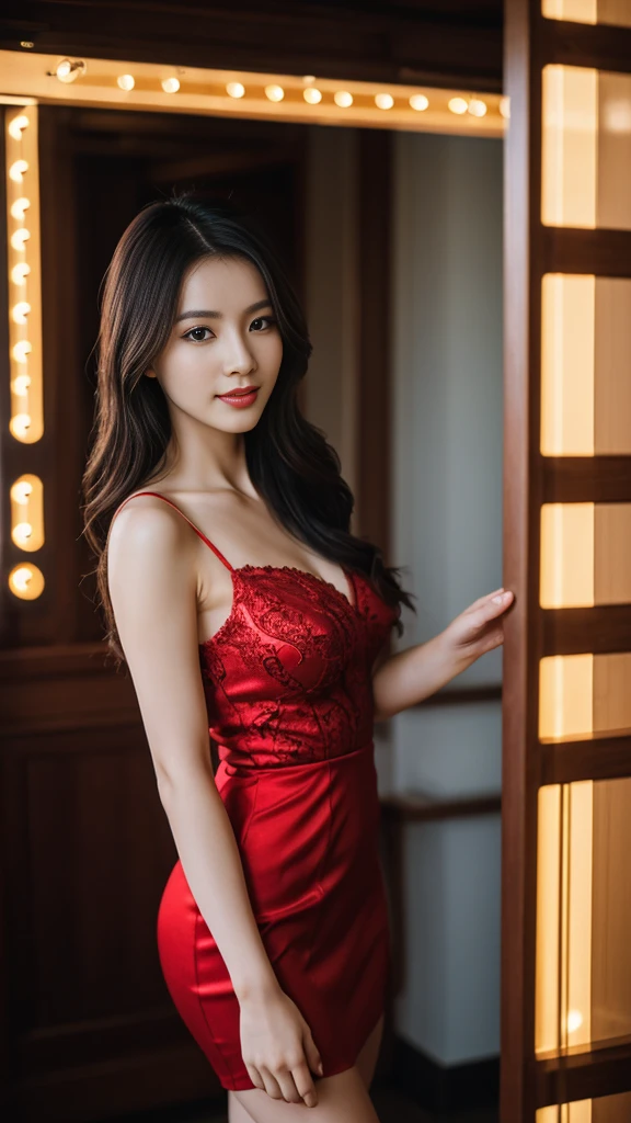 a Chinese woman with beautiful Delicate eyes, Beautiful and delicate lips, Extremely detailed face and skin, Pale skin, 23 years old,wearing a red dress, skirt, high heels, medium long shot, dancing in the dance hall, beautiful lights,Full breasts,long legs, full body portrait. Beautiful photography,Long eyelashes, Good anatomy , Practical skin texture, Delicate eyes, professional, 4K, Wide-angle lens, Optical Depth of Field, Kodak Vision Color, Perfectly proportioned body, Extremely detailed, ultra-photoPractical, Practical, Post-Processing, Maximum details, Roughness, real life, ultra -Practical, Photorealism, photography, 8k Ultra HD, photography