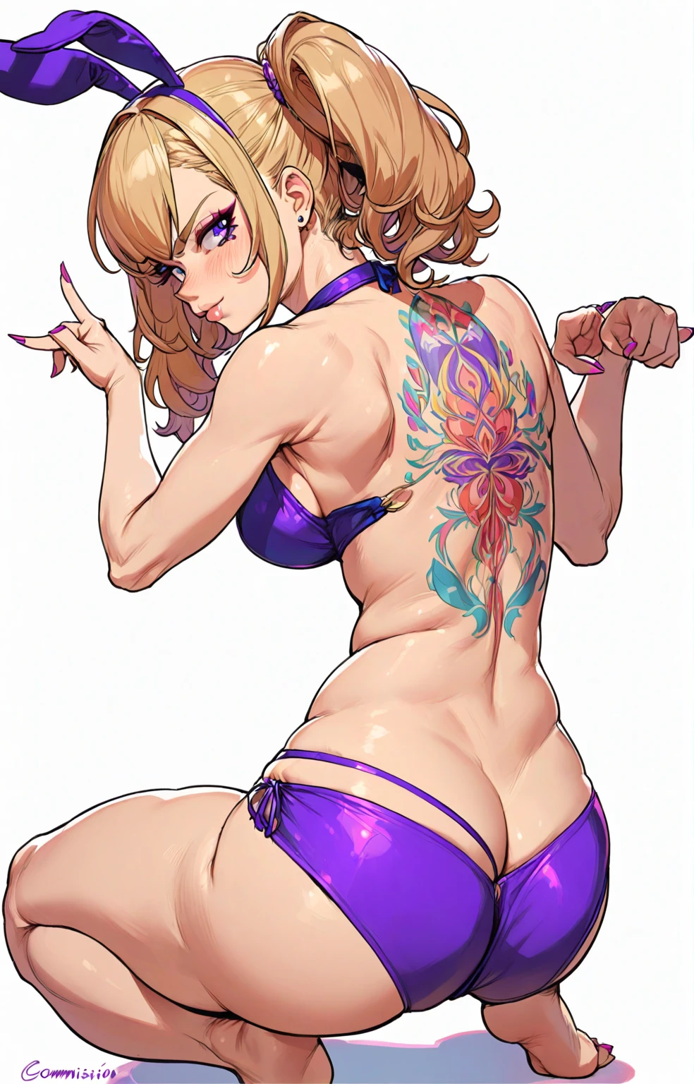 cartoon of a woman with a tattoo on her back, thicc, sexy pudica pose gesture, cutesexyrobutts, holding a pudica pose, commission for high res, lola bunny fanart, lit from behind, character is in her natural pose, hands behind her body pose!, oc commission, white background : 3, sexy pose, beautiful anime girl squatting