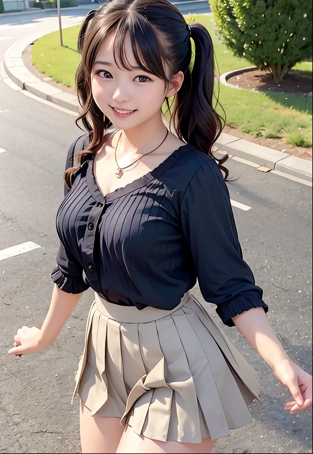 (Highest quality,masterpiece:1.3,Ultra-high resolution),(Very detailed、Caustics) (Realistic:1.4, RAW shooting、)Ultra-Realistic Capture、Very detailed、Natural skin texture、masterpiece、(A Japanese girl wearing a black blouse and pleated skirt:1.3)、Adorable expression、Expressions of happiness、10 years old、heigby Face、Amazingly cute、Twinrstyle、Curly Hair、ribbon、Black Hair、Large Breasts、Shining thighs、Shining ass、necklace、Sidewalk in a residential area、Background details、smile、An inviting gaze、(Anatomically correct)、Cowboy Shot、Attention to detail、
