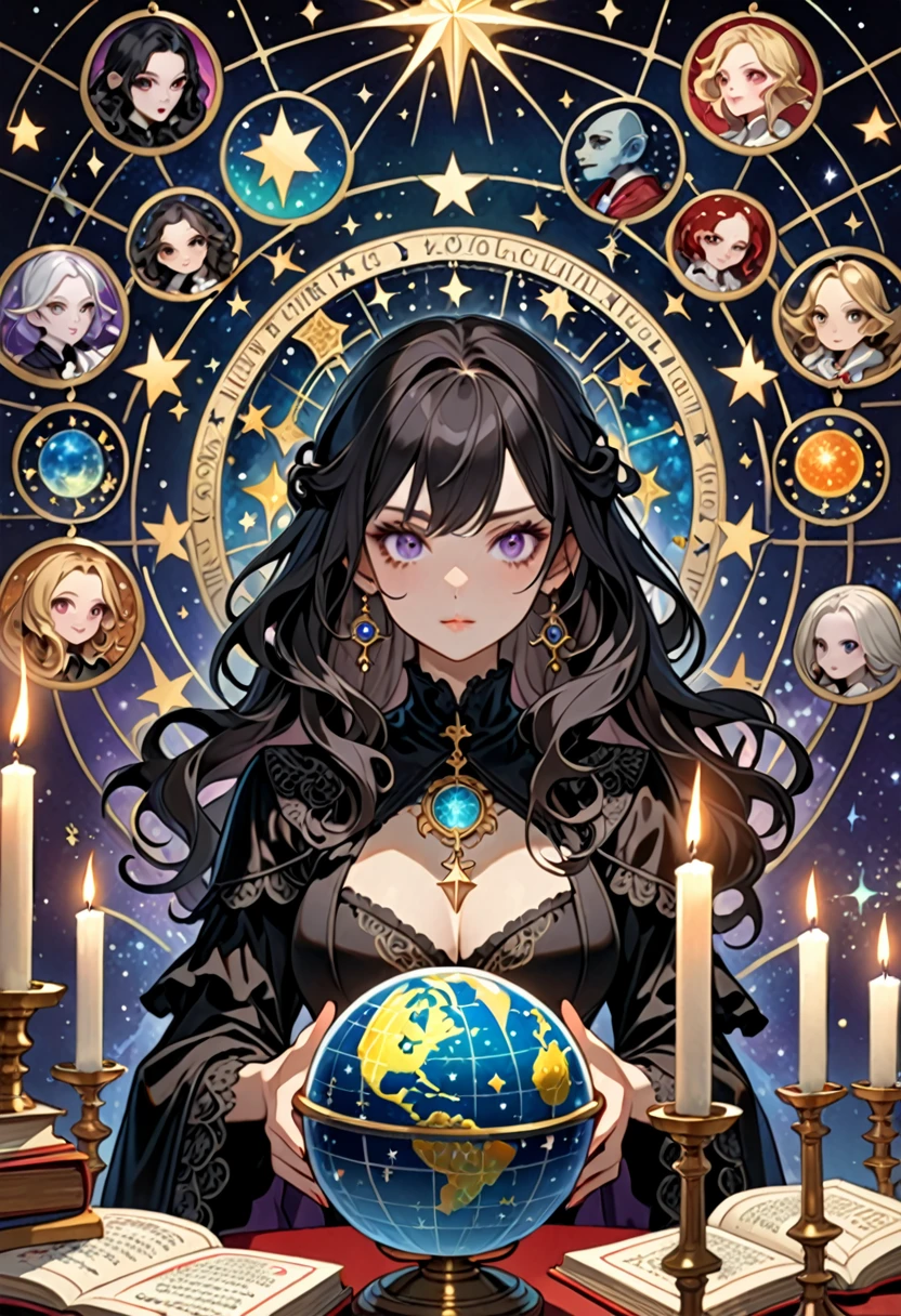 Highest quality, 16K, Unbelievably absurd, Very detailed, 2.5D, delicate and dynamic, , formal, Fortune Telling Hut, Gothic, candle, Astrology Books, Suspicious ornament, Star Chart, Thick book, Creepy Paintings, Gargoyle, A colorful celestial globe, Small face, Very delicate facial expressions, Delicate eye depiction, Upper body close-up, erotic, One sexy woman, Cool woman, black long wavy hair, Healthy body shape, 25-year-old woman, Cool woman, Height: 170cm, huge bouncing busts, astrologer, Horoscope, Tarot Cards, Suspicious look, A complex magician's outfit, Magician's outfit in chic colors, garter belt, Fishnet tights, Magician's Shoes, At the desk, Fortune telling,
