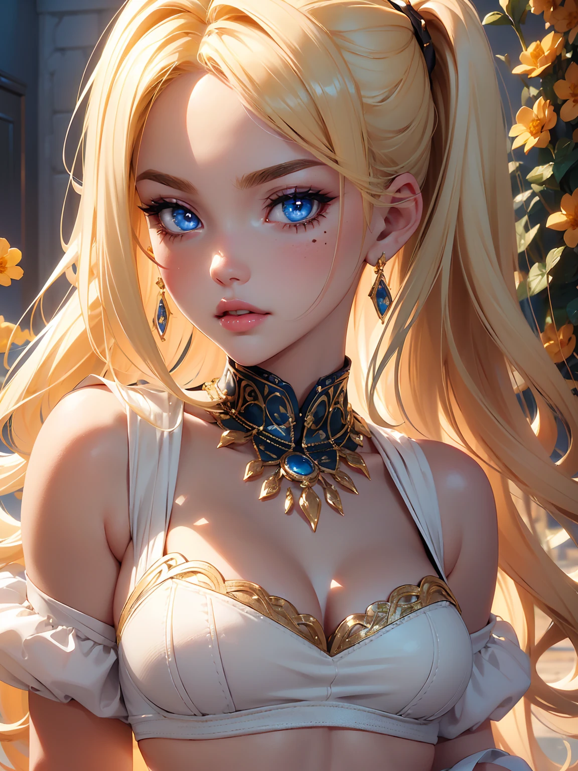 (((Blonde stunning hair))), (blue eyes), blue necklace, Golden earrings, Fit, Gorgeous Body, gorgeous, brown eyebrows, (two moles over lip), big pupils, (23 years old), 1girl,solo, complex skin, warm light, (large breasts), wide thighs, round butt, 5 fingers, ((blushing)), ((detailed face, best quality)),(beautiful detailed eyes), red lip, eyeshadow, beautiful face, long hair, very detailed eyes, intricate details in eyes, perfect lips, good lighting, ((masterpiece, Best quality, a high resolution, ultra detailed),(beautiful and aesthetically pleasing:1.2, show most body), 1 woman, high short ponytail, Beautiful, Detailed eyes and face, hot short latex bra, Converse sneakers, golden hour, Field of Flowers, complex parts