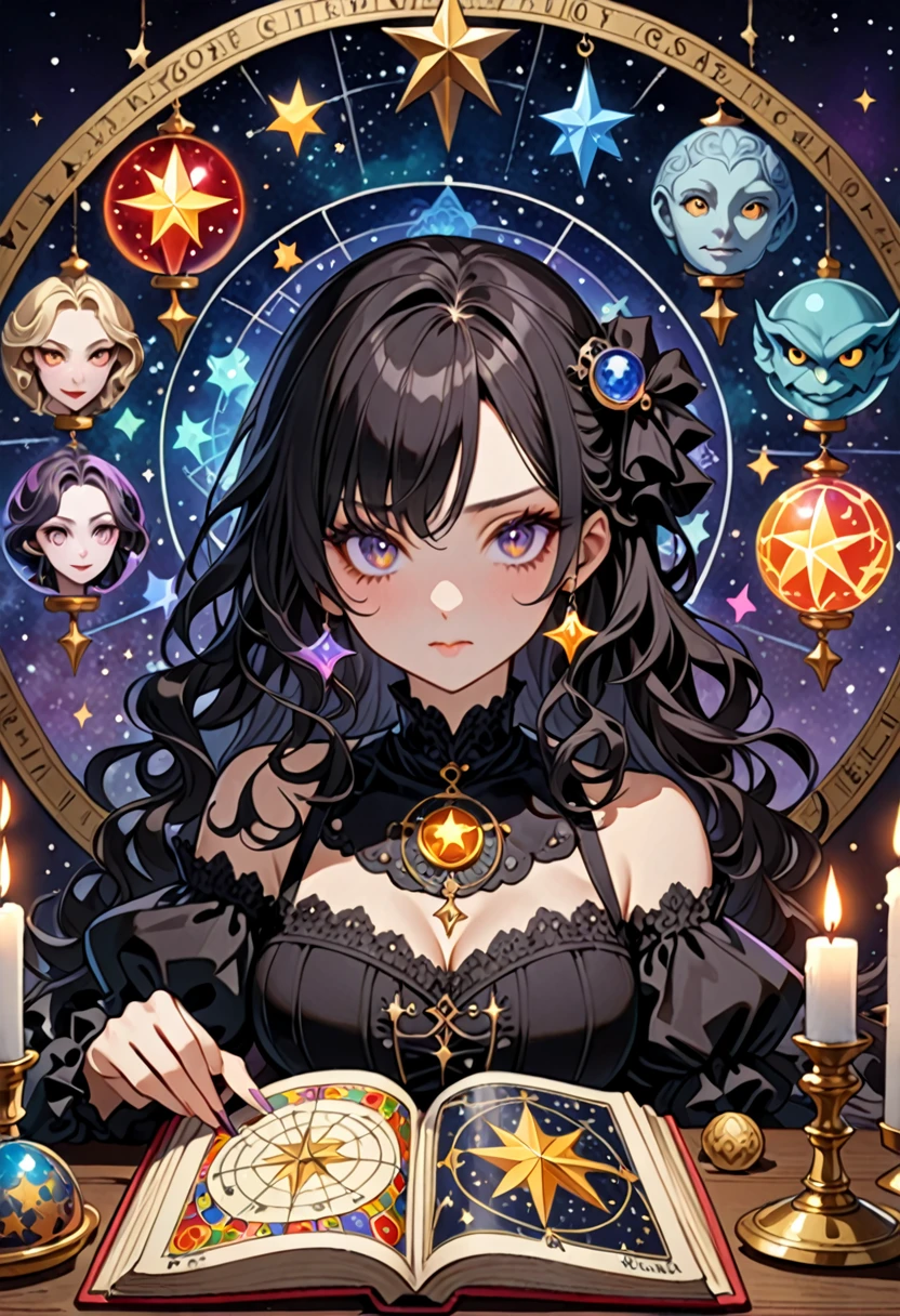 Highest quality, 16K, Unbelievably absurd, Very detailed, 2.5D, delicate and dynamic, , formal, Fortune Telling Hut, Gothic, candle, Astrology Books, Suspicious ornament, Star Chart, Thick book, Creepy Paintings, Gargoyle, A colorful celestial globe, Small face, Very delicate facial expressions, Delicate eye depiction, Upper body close-up, erotic, One sexy woman, Cool woman, black long wavy hair, Healthy body shape, 25-year-old woman, Cool woman, Height: 170cm, huge bouncing busts, astrologer, Horoscope, Tarot Cards, Suspicious look, A complex magician's outfit, Magician's outfit in chic colors, garter belt, Fishnet tights, Magician's Shoes, At the desk, Fortune telling,