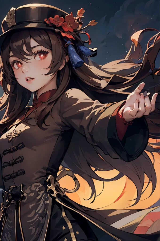 1 girl solo, brown jacket, long brown hair, red eyes, brown hat with red flowers, in a small medieval chinese town, old chinese buildings, chinese temple, ((at night, lots of paper lanterns glowing))