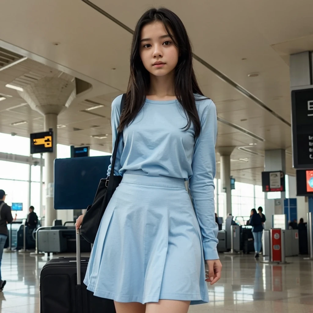 16 years old short skinny girl, tucked shirt, light blue long skirt, long sleeves, black hair, at the airport