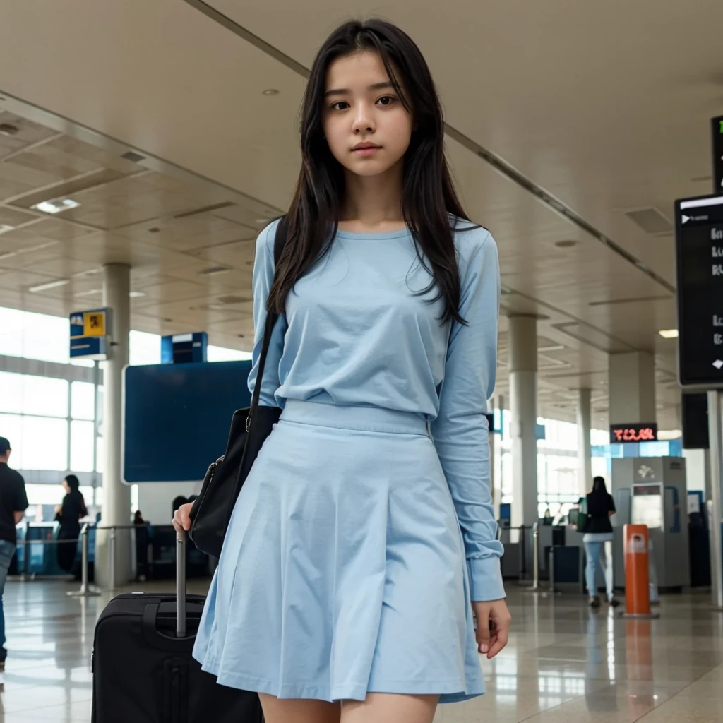  short skinny girl, tucked shirt, light blue long skirt, long sleeves, black hair, at the airport