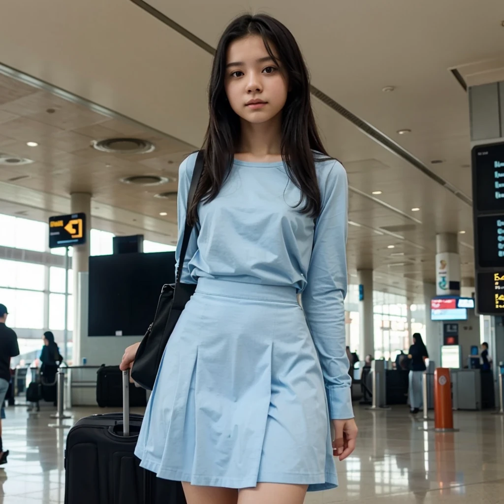 16 years old short skinny girl, tucked shirt, light blue long skirt, long sleeves, black hair, at the airport
