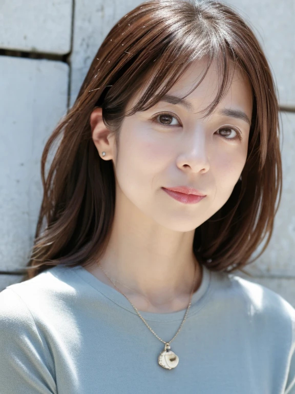 (Highly realistic photos, High resolution, detailed face, fine eyes), Taken in front of a white wall、japanese woman, 40 years old, Variety of facial expressions, alone:1, slim figure, different hairstyles, casual clothes, Alone in a photo、long sleeve dress、Shot in natural light、simple necklace、Spring clothes、Don't look at the camera、profile、Dark brown hair color