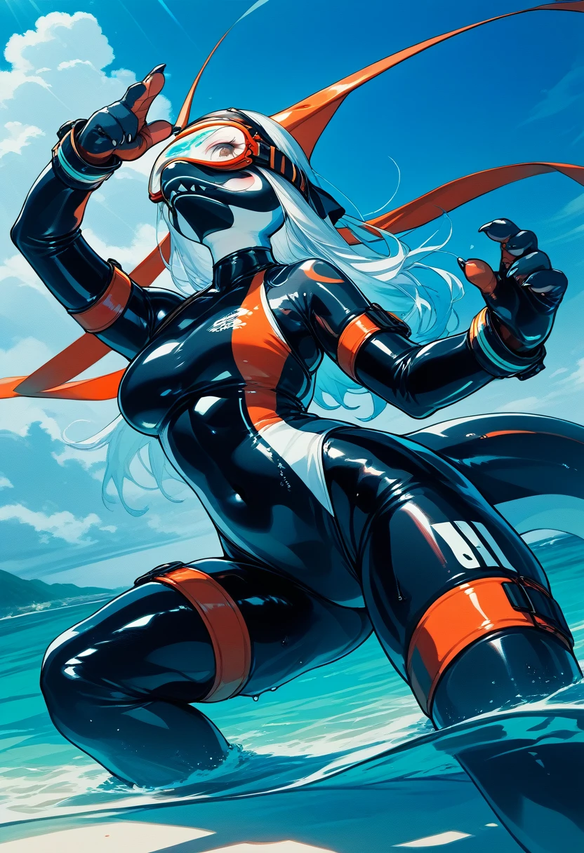 Highest quality, Highest quality, High quality illustrations, masterpiece, Ultra-high resolution, Detailed Background, beach, Absurd, Perfect Anatomy, performance, Good lighting, Shadows in the movies(kemono, Furry Personifi猫ion), Killer whale, Dolphin, Rubber suit, Rubber suit, latex, neon, neonライト, neonカラー, Rubber Swimsuit, ribbon, Rubber mask, juvenile, 