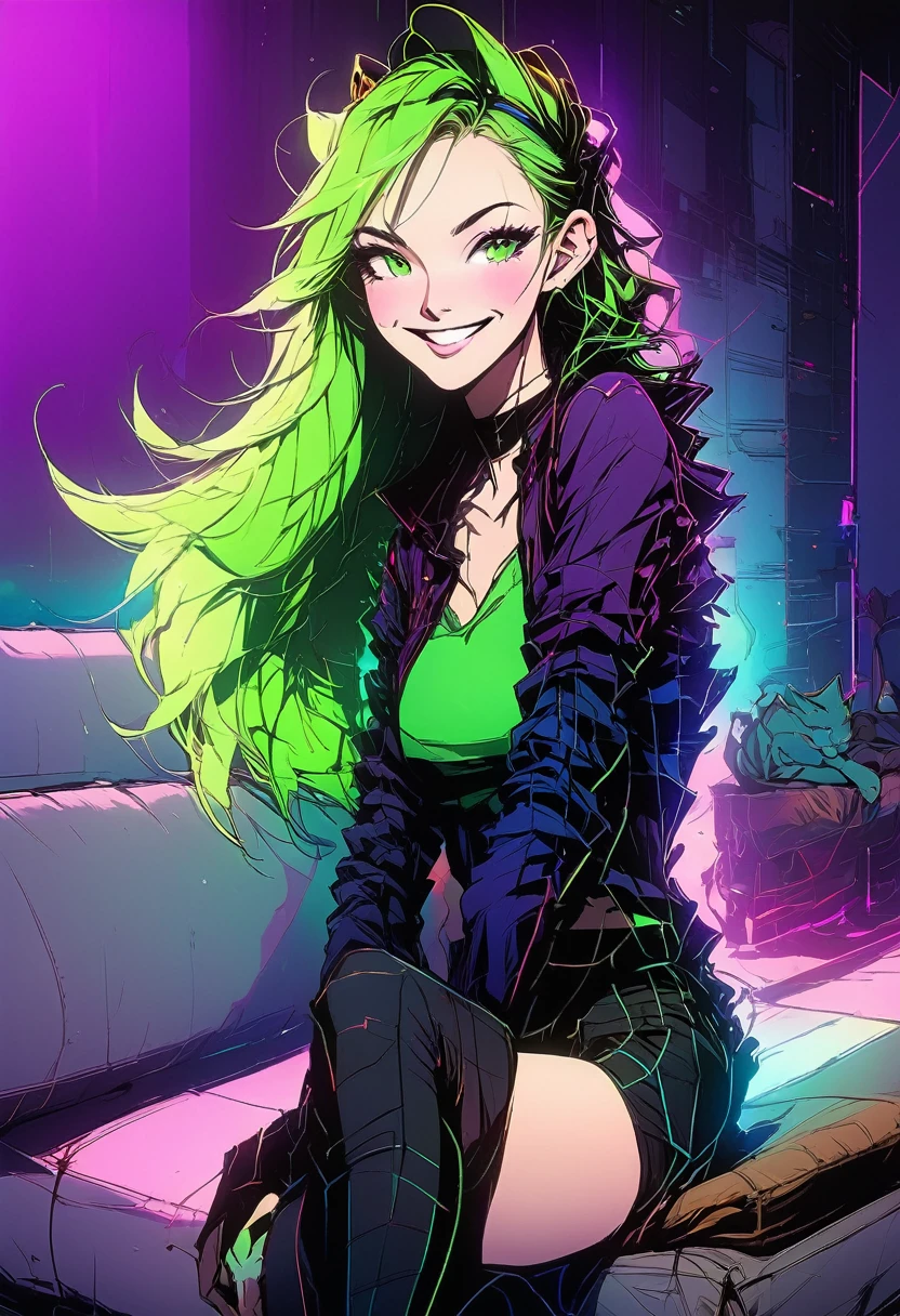 neon_pop art style, retro art style, art style,manga style,classical,art by Akira Toriyama, 1girl,slender ,cat ears,straight long green hair,light green eyes, ,medium breasts,soft expression,smile,blush,serioes eyes,
BREAK
wearing a jacket, purple t-shirt, short shorts jeans, latex leggings,
sitting in a living room,detailed livingroom background,couch, front view ,arms extented aprat,looking at viewer,cowboy shot,volumetric light,studio lighting,lanse flare abuse,38 mm photograph.