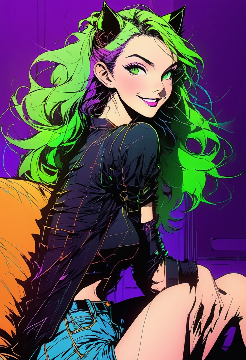 neon_pop art style, retro art style, art style,manga style,classical,art by Akira Toriyama, 1girl,slender ,cat ears,straight long green hair,light green eyes, ,medium breasts,soft expression,smile,blush,serioes eyes,
BREAK
wearing a jacket, purple t-shirt, short shorts jeans, latex leggings,
sitting in a living room,detailed livingroom background,couch, front view ,arms extented aprat,looking at viewer,cowboy shot,volumetric light,studio lighting,lanse flare abuse,38 mm photograph.