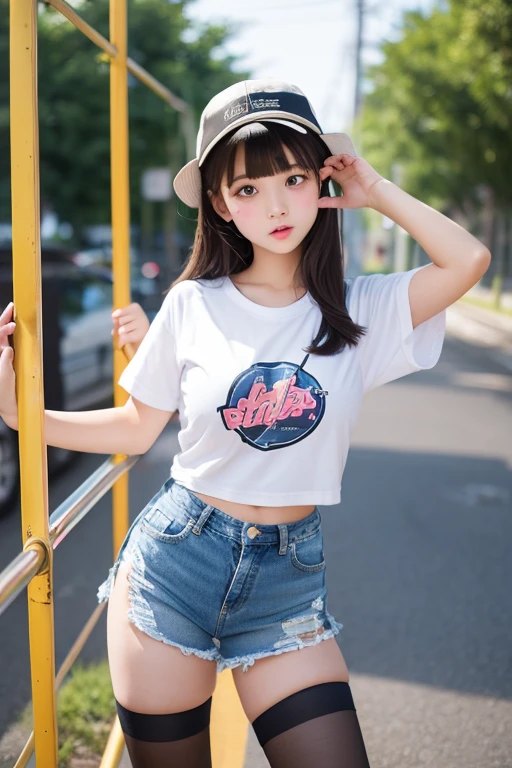 Highest quality、8K、、Big Breasts、、Horizontal bar、Forward upward circling、Loose Fit T-Shirt、Denim shorts,black knee high stockings、Provocative facial expressions