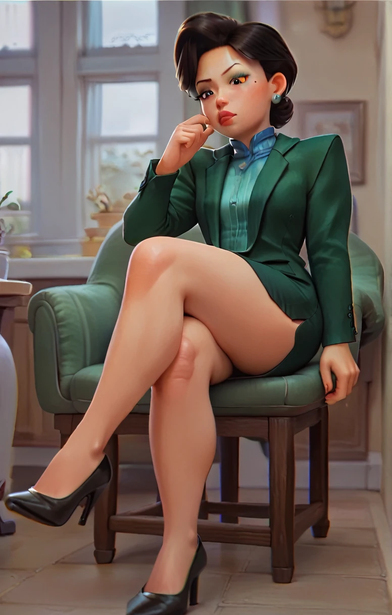 black blazer, black pencil skirt, wide hips, thick legs, thick thighs, wearing small black high heels, sitting on a chair, legs crossed at the knee