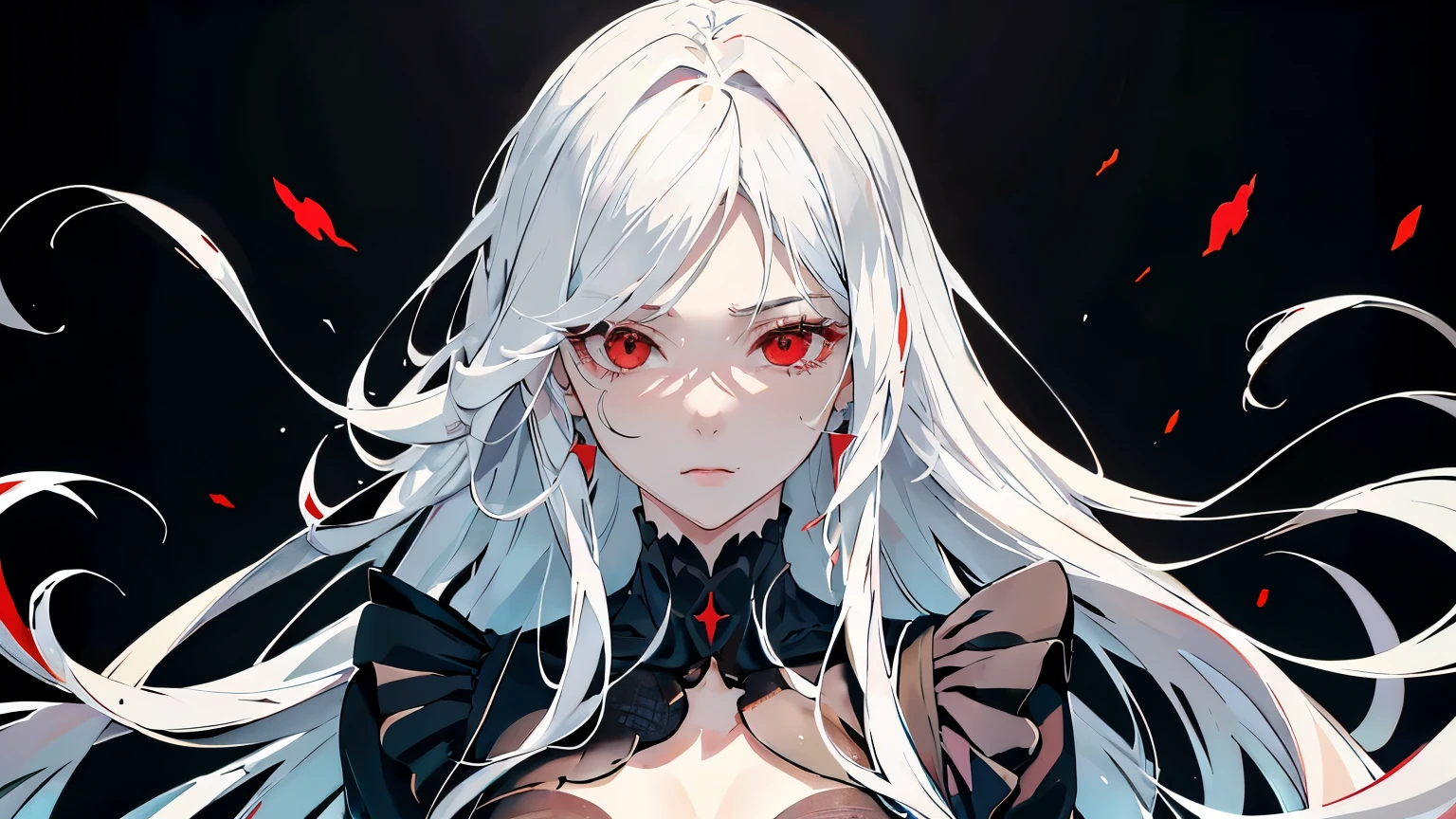 handsome girl，red eyes，red eyes동자，long white hair，ultra high resolution，sad face, accuracy，detailed rendering，（Subtle facial images）（Image of fine hair）（top quality）（거장의 masterpiece）（High degree of completeness）（Atmospheric feeling）masterpiece，Very detailed and very detailed.（half body portrait）wearing a black velvet dress