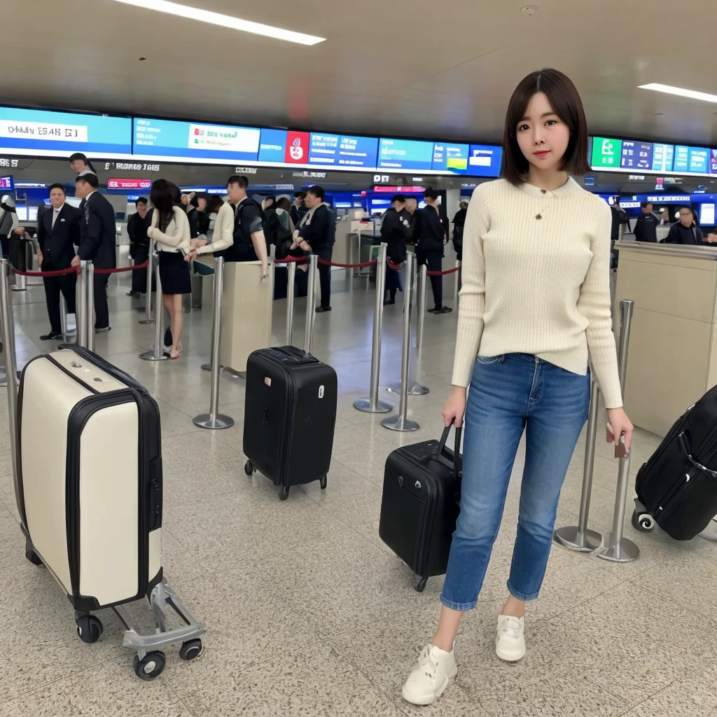 Beautiful 50s Korean woman , 32 inch chest size, Your eyes are big and pretty. Short in stature. Standing in the departure hall of the airport. . short medium hair, Standing in line at the departure hall of Frankfurt Airport, Germany. Wear comfortable travel clothes with jeans. I wore a crumpled jumper .Dragging a suitcase. short medium hair, short height, Full body shot with Canon camera 16-35 wide angle lens, short medium hair. expressionless, full body shot, perfect fingers, Make the airport electronic display visible, 멀리 full body shot, I see an electronic display board, short woman, Standing in line at the airport departure hall