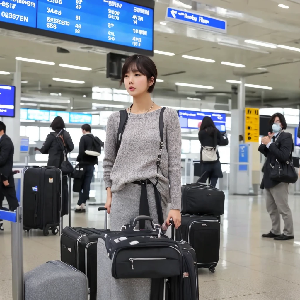 Beautiful 50s Korean woman , 32 inch chest size, Your eyes are big and pretty. Short in stature. Standing in the departure hall of the airport. . short medium hair, Standing in line at the departure hall of Frankfurt Airport, Germany. Wear comfortable travel clothes with jeans. I wore a crumpled jumper .Dragging a suitcase. short medium hair, short height, Full body shot with Canon camera 16-35 wide angle lens, short medium hair. expressionless, full body shot, perfect fingers, Make the airport electronic display visible, 멀리 full body shot, I see an electronic display board, short woman, Standing in line at the airport departure hall