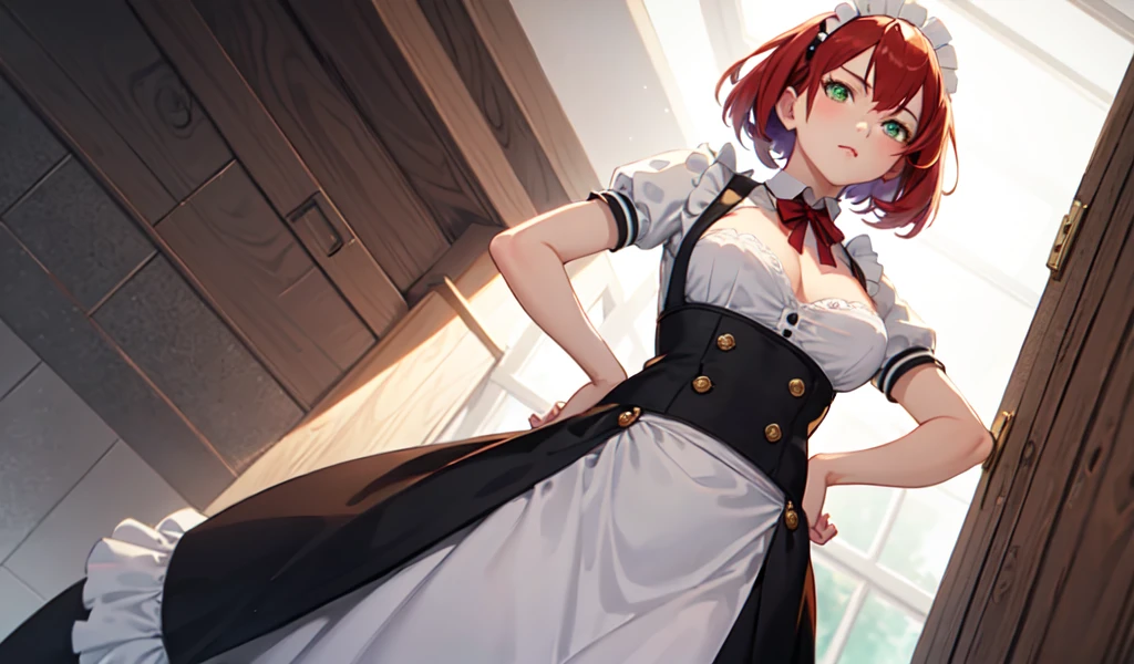 ((best quality)), ((masterpiece)), (detailed), 1girl, Beautiful and stylish maid in a bit of trouble,Angle from directly below,Hands on hips,Very attractive,Red hair,Beautiful green eyes,,On the chest１There is a stain of a handprint