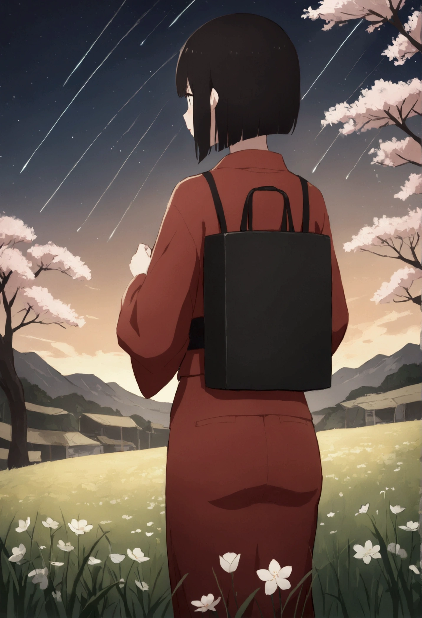 1 girl, distant girl wearing a kimono staring at the stele, (diminished:1.1), (meteor shower:1.2), (comet:1.1), Seu Nome, Low angle, from behind, aroura borealis, Shooting Star, yukata, red kimono, Cherry blossoms, standing in a field,best qualityer, work of art, nube,colorfully, starlit,stele,looking back
