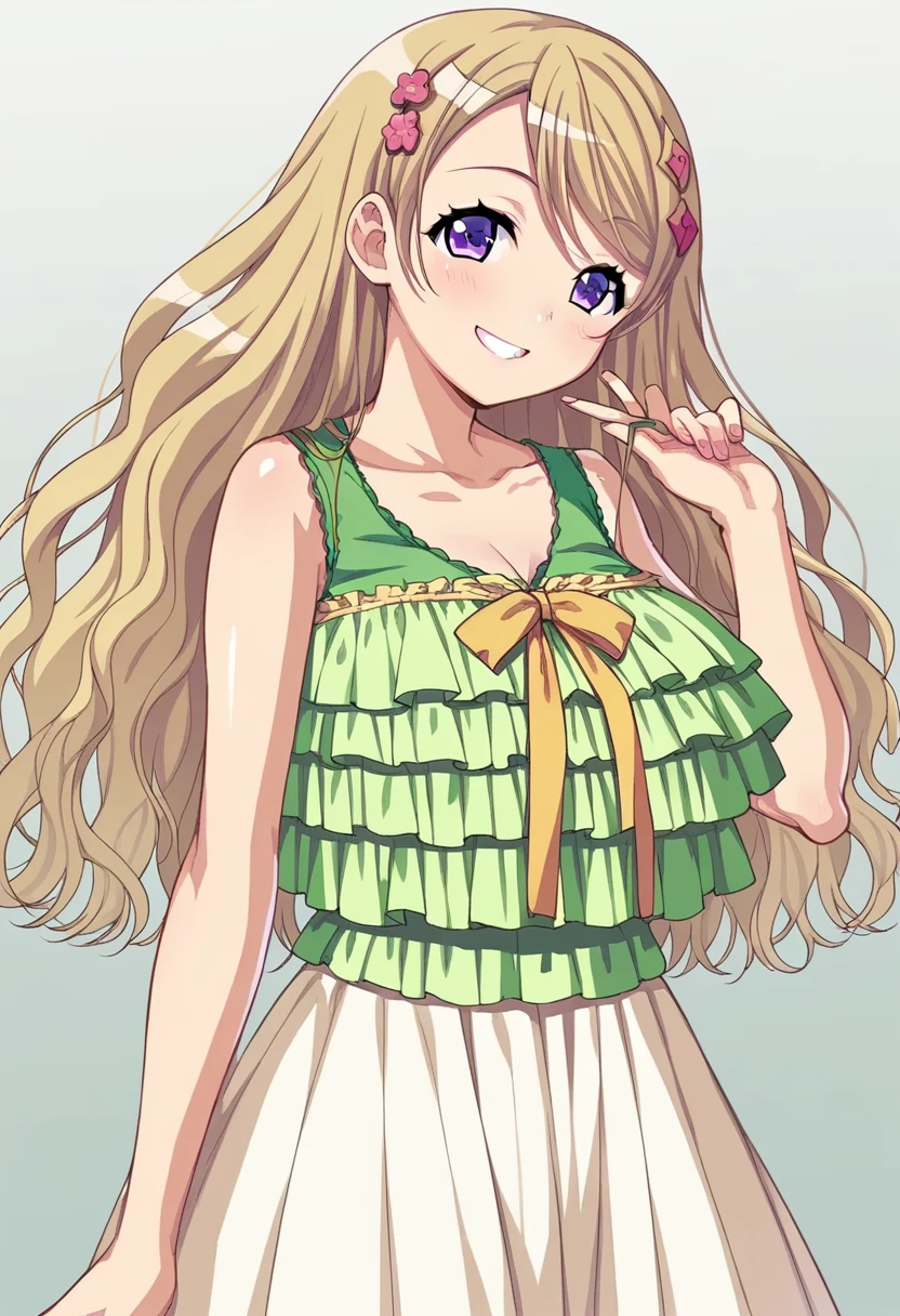 score_9, score_8_up, score_7_up, 
1girl, fujiwara momoka, blonde hair, long hair, purple eyes, hairclip,
large breasts,
smile, looking at viewer,

green tank top, frilled tank top, yellow skirt, long skirt,