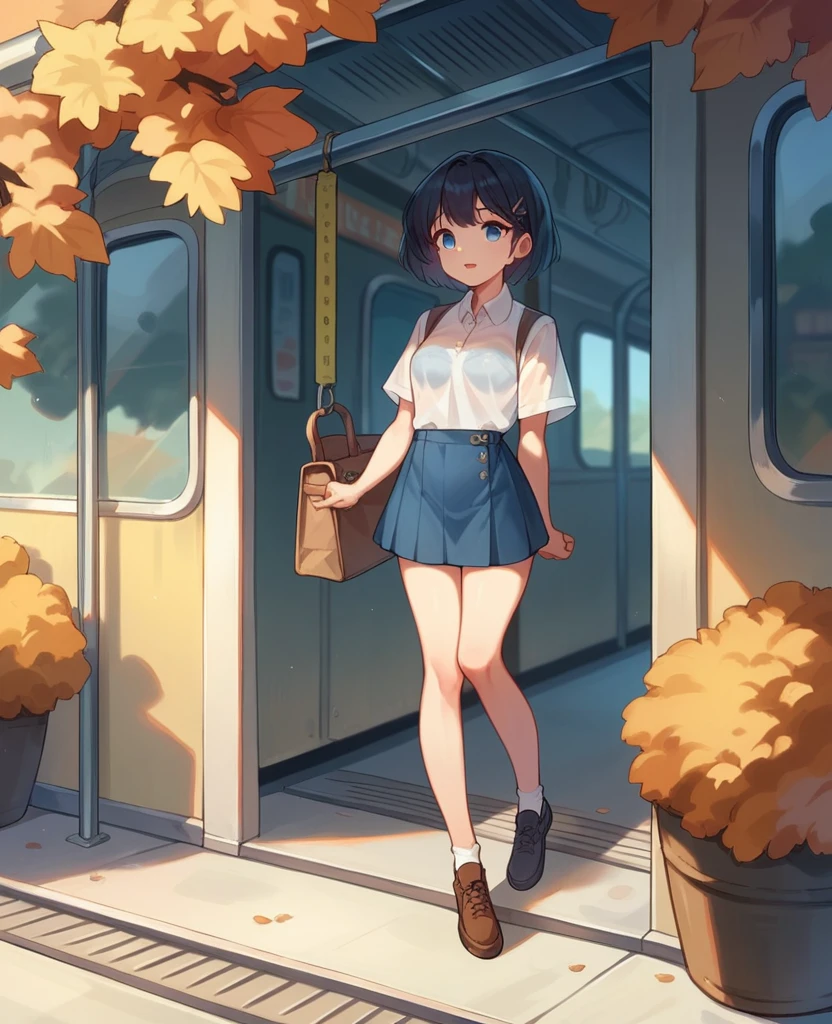 cute girl with blue eyes , short hair , mini skirt, long legs , medium breasts, translucent white shirt, see through shirt, at a train station in a small english town , in autumn season