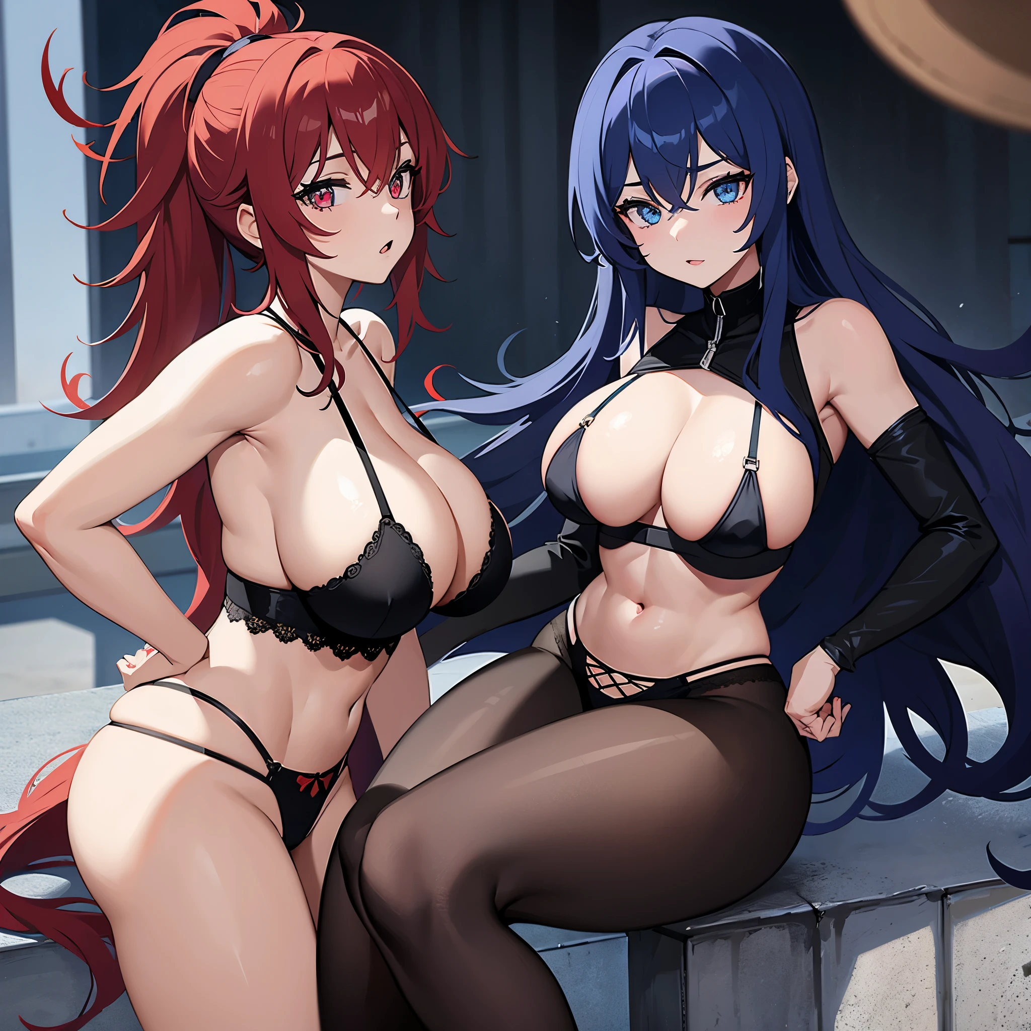 Big colored hair girl,with one red eye and one blue eye,with black lingerie,with athletic body with big breasts and big ass