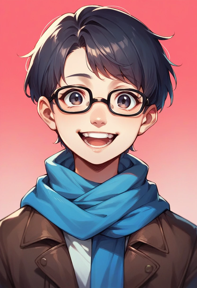 scarf, solo, glasses, 1girl, blue scarf, gradient background, gradient, smile, pink background, red background, looking at viewer, teeth, open mouth, black-framed eyewear, nose, short hair