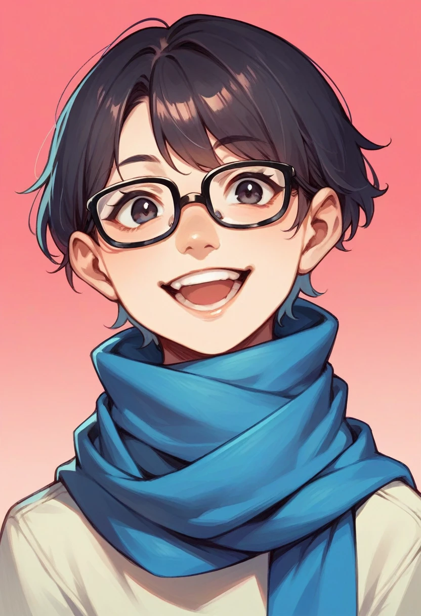 scarf, solo, glasses, 1girl, blue scarf, gradient background, gradient, smile, pink background, red background, looking at viewer, teeth, open mouth, black-framed eyewear, nose, short hair