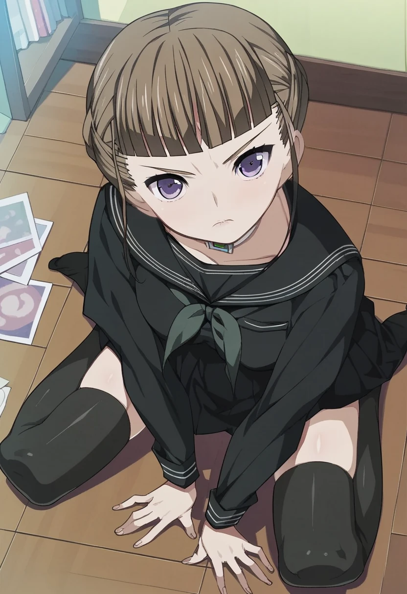 score_9, score_8_up, score_7_up, 
1girl, manaka nemu, blunt bangs, brown hair, short hair, french braid, purple eyes,

, black serafuku, black skirt, thighhighs, kneeling, on floor, indoors, looking at viewer, frown, 

