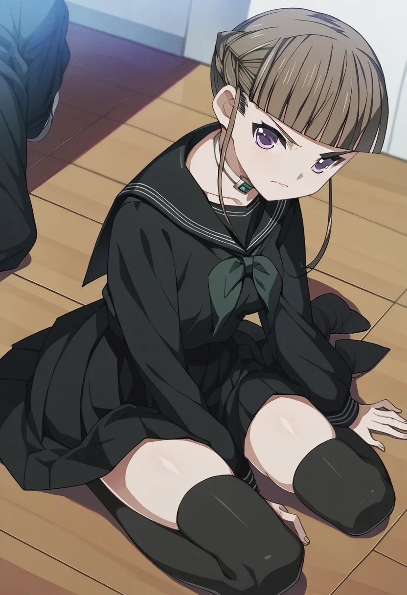 score_9, score_8_up, score_7_up, 
1girl, manaka nemu, blunt bangs, brown hair, short hair, french braid, purple eyes,

, black serafuku, black skirt, thighhighs, kneeling, on floor, indoors, looking at viewer, frown, 

