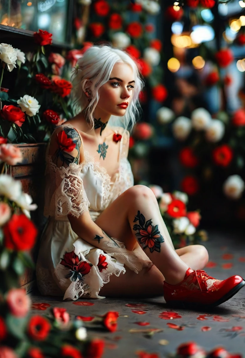A beautiful young woman with white hair, wearing red leather shoes and a lace dress, sitting in front of a flower store. There are flowers on the ground, and she has a tattoo on her leg and a sad expression on her face. The soft light creates a dreamy atmosphere in the style of Tami Bone with a romantic mood. close-up shot with shallow depth of field. --ar 95:127