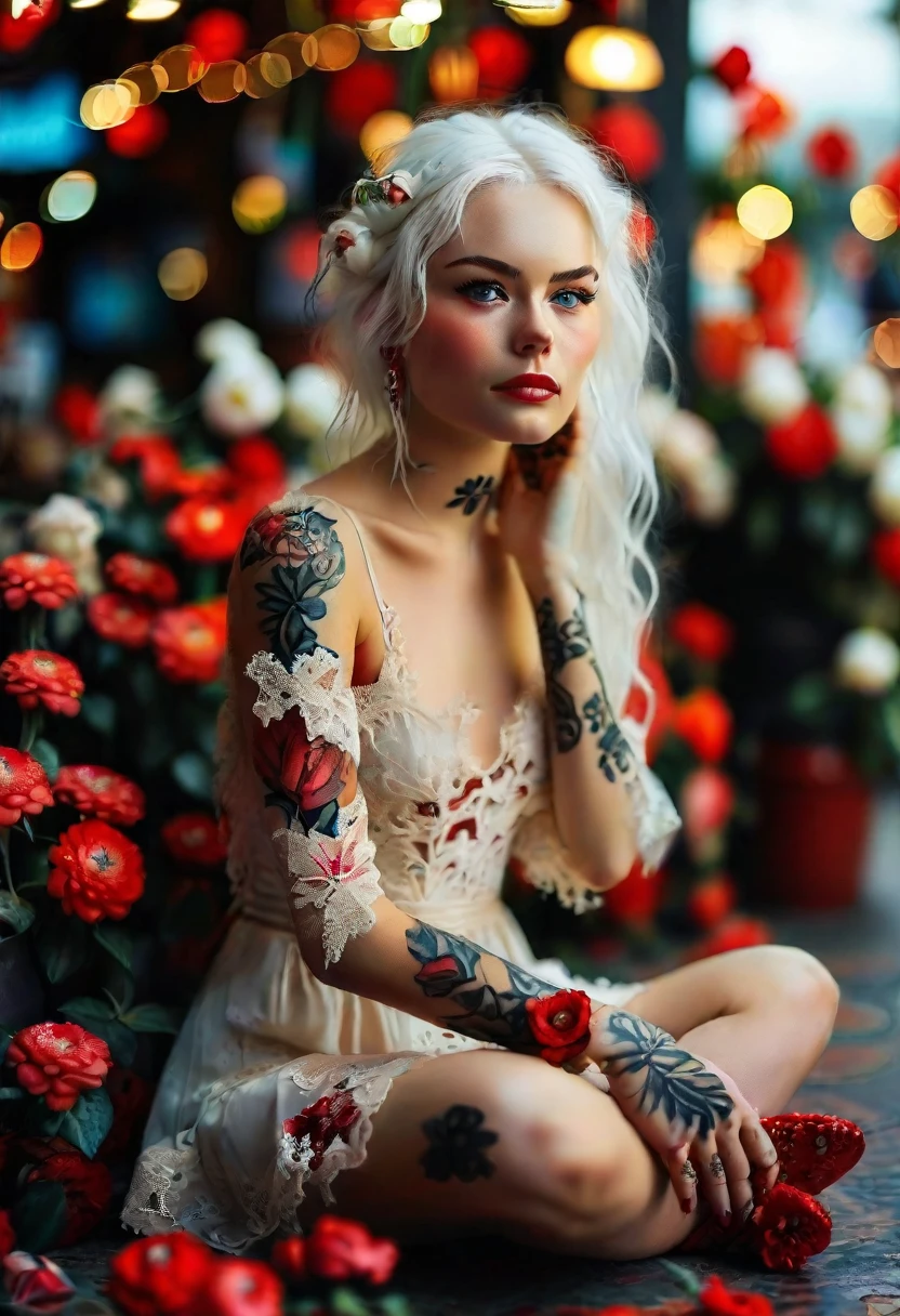 A beautiful young woman with white hair, wearing red leather shoes and a lace dress, sitting in front of a flower store. There are flowers on the ground, and she has a tattoo on her leg and a sad expression on her face. The soft light creates a dreamy atmosphere in the style of Tami Bone with a romantic mood. close-up shot with shallow depth of field. --ar 95:127
