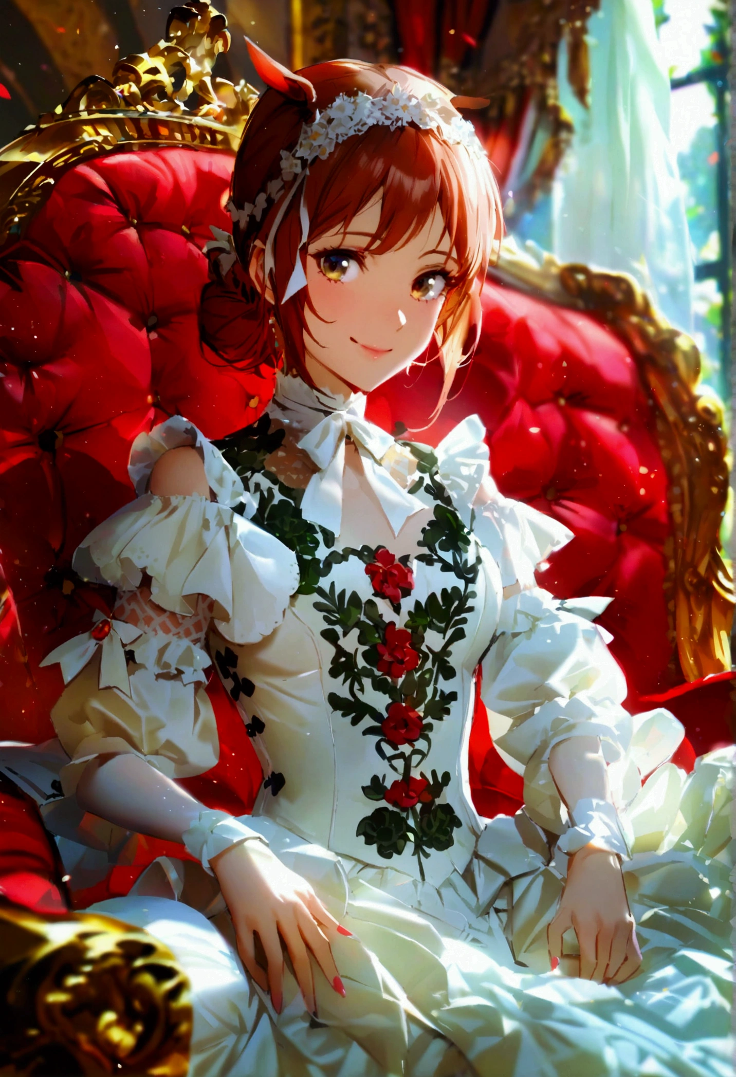 (((Horse Girl))), (((Fine Motion))), sitting on a luxurious red sofa, smile, A young lady-like outfit with white as the base and green embroidery, , High resolution, 