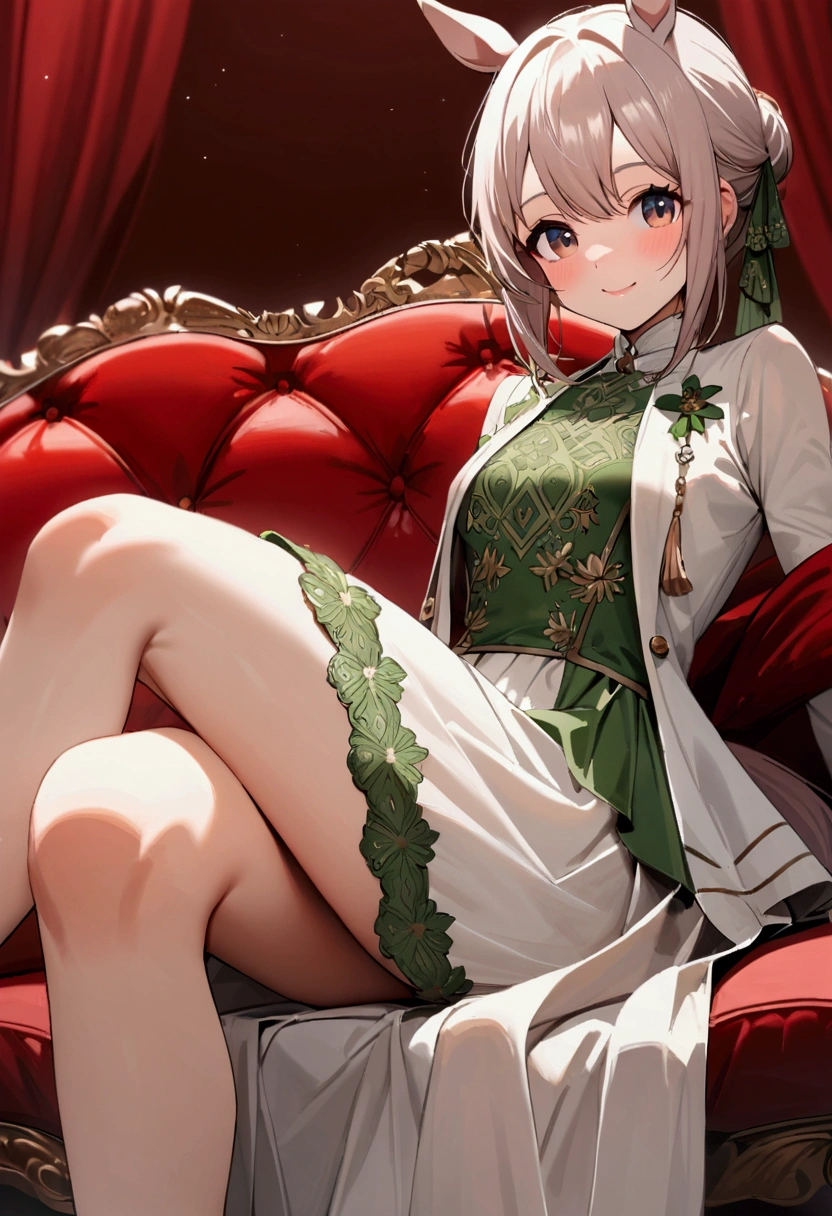(((Horse Girl))), (((Fine Motion))), sitting on a luxurious red sofa, smile, A young lady-like outfit with white as the base and green embroidery, , High resolution,