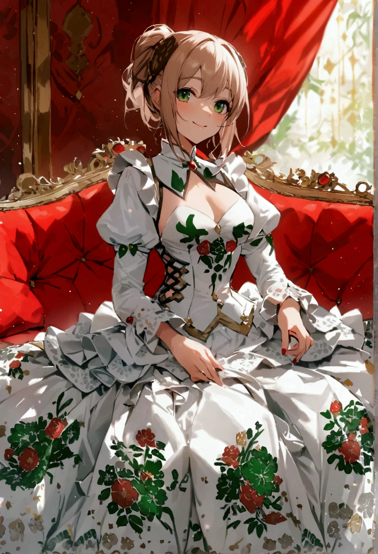 (((Horse Girl))), (((Fine Motion))), sitting on a luxurious red sofa, smile, A young lady-like outfit with white as the base and green embroidery, , High resolution, 