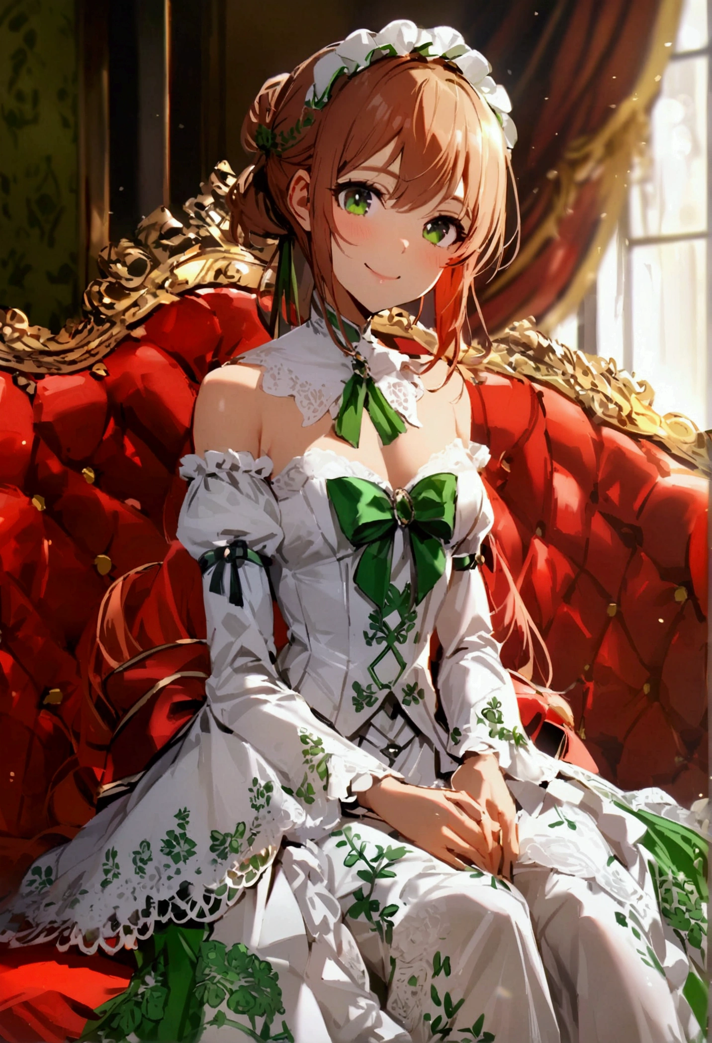 (((Horse Girl))), (((Fine Motion))), sitting on a luxurious red sofa, smile, A young lady-like outfit with white as the base and green embroidery, , High resolution,