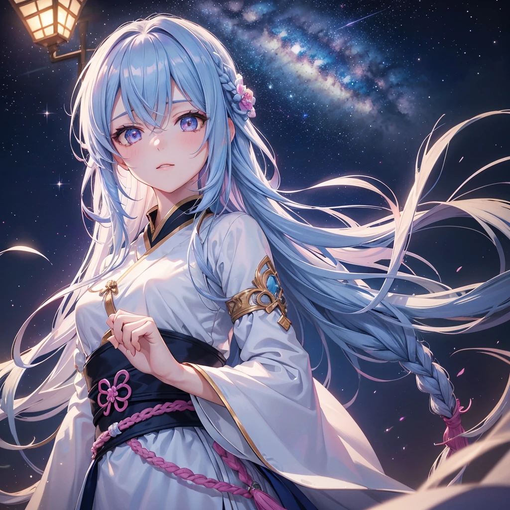 (Sky blue one braid hair),Pink Eyes,Fair skin ,(whole body),(One girl),Hanfu,(The beautiful, sparkling Milky Way in the night sky),Lonely Eyes,,(masterpiece, Highest quality, Very detailed, Best Shadow), (Detailed Background), (Beautifully detailed face), High Contrast, (Best lighting, Very delicate and beautiful), ((Cinematic Light)), colorful, Hyper Detail, Dramatic Light, Intricate details,