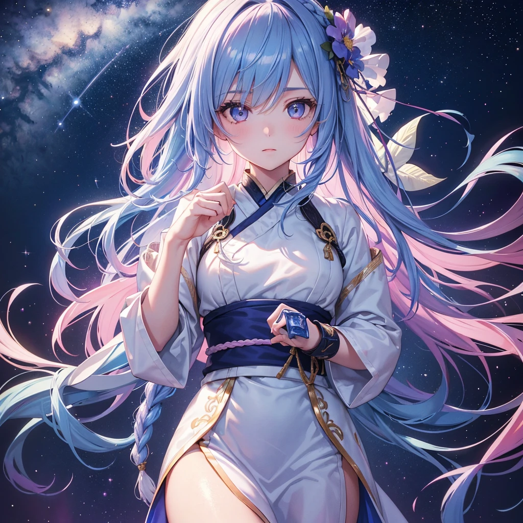 (Sky blue one braid hair),Pink Eyes,Fair skin ,(whole body),(One girl),Hanfu,(The beautiful, sparkling Milky Way in the night sky),Lonely Eyes,,(masterpiece, Highest quality, Very detailed, Best Shadow), (Detailed Background), (Beautifully detailed face), High Contrast, (Best lighting, Very delicate and beautiful), ((Cinematic Light)), colorful, Hyper Detail, Dramatic Light, Intricate details,