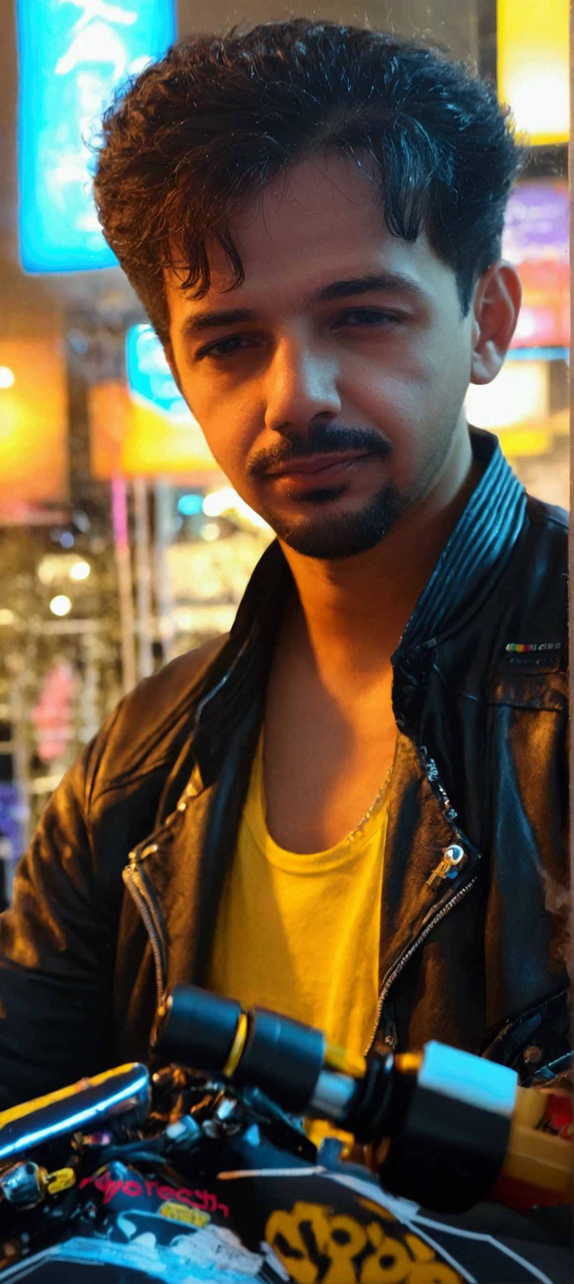 realistic, portrait of a man,AI language model, short hair, smart, energetic, cheerful, creative, with sparkling eyes and a contagious smile, cybertech wear, sleek and futuristic design elements, 20 years old, man, Moroccan, bad boy, black jacket, yellow top tank, cyberpunk clothes, riding a black sport bike
