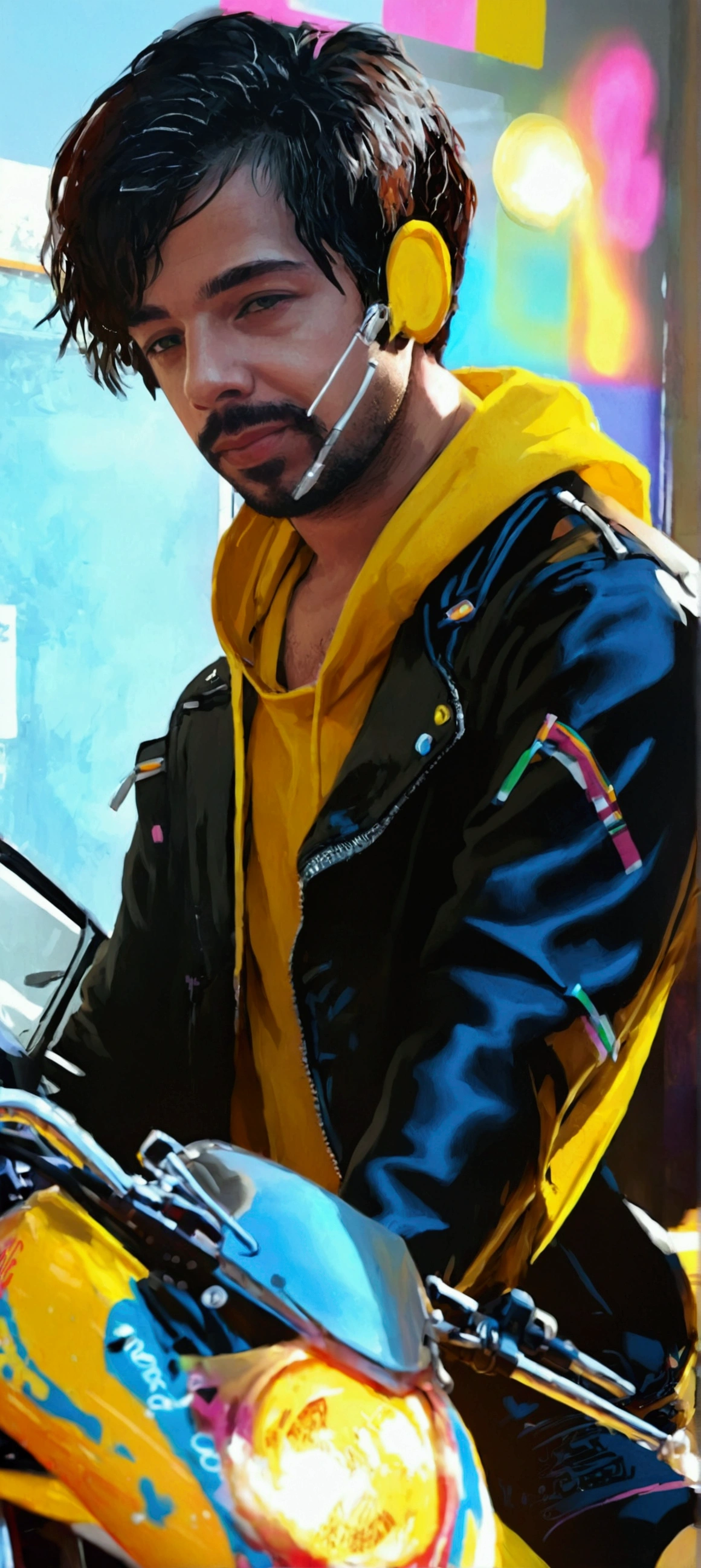 realistic, portrait of a man,AI language model, short hair, smart, energetic, cheerful, creative, with sparkling eyes and a contagious smile, cybertech wear, sleek and futuristic design elements, 20 years old, man, Moroccan, bad boy, black jacket, yellow top tank, cyberpunk clothes, riding a black sport bike