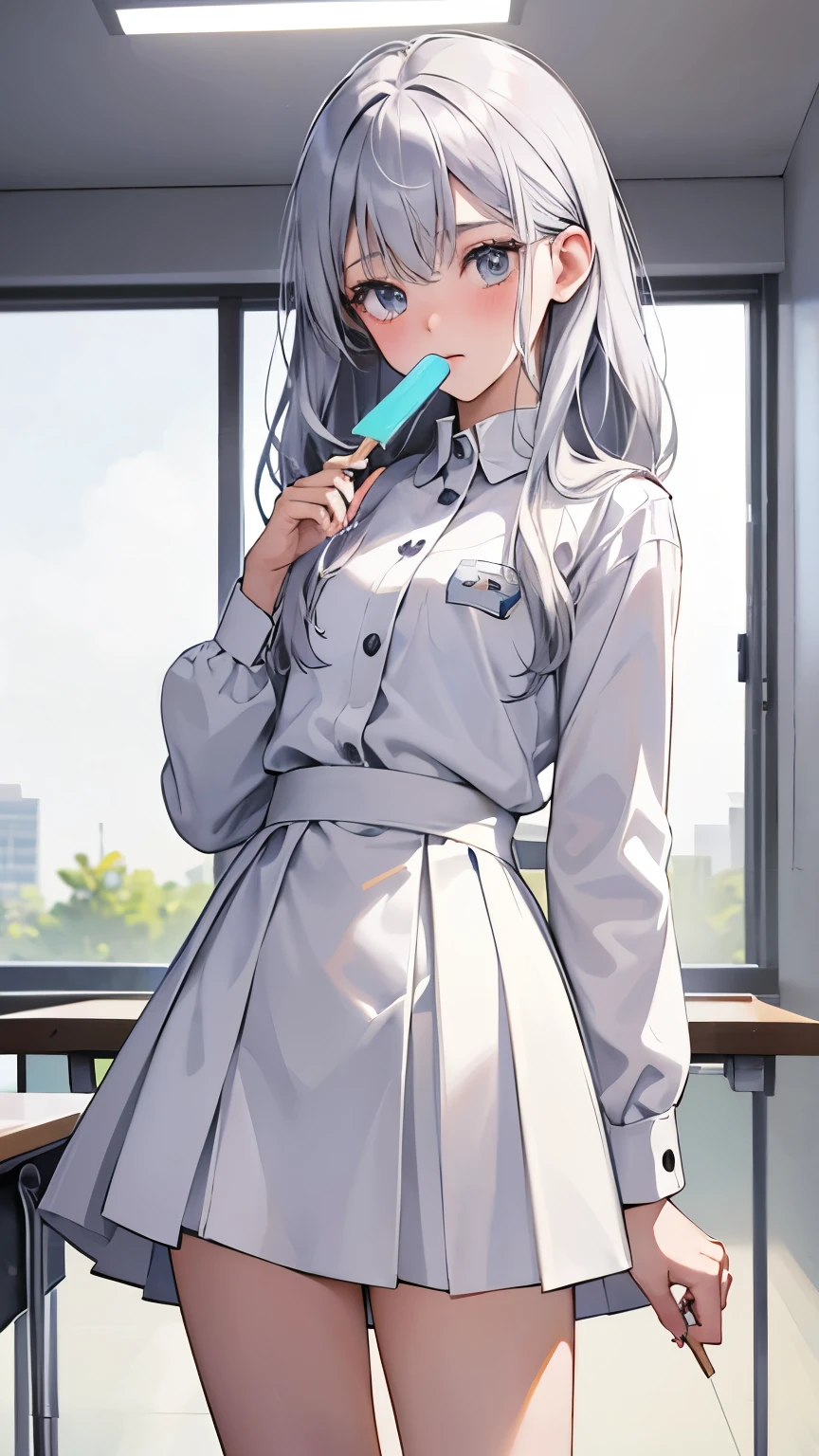 18-year-old、Silver Hair、Medium straight hair、Undulating hair、Small Head、White Uniform、cute、Short skirt、Configuration from the front、classroom、Expressionless、blush、Composition from the waist up、Put a popsicle