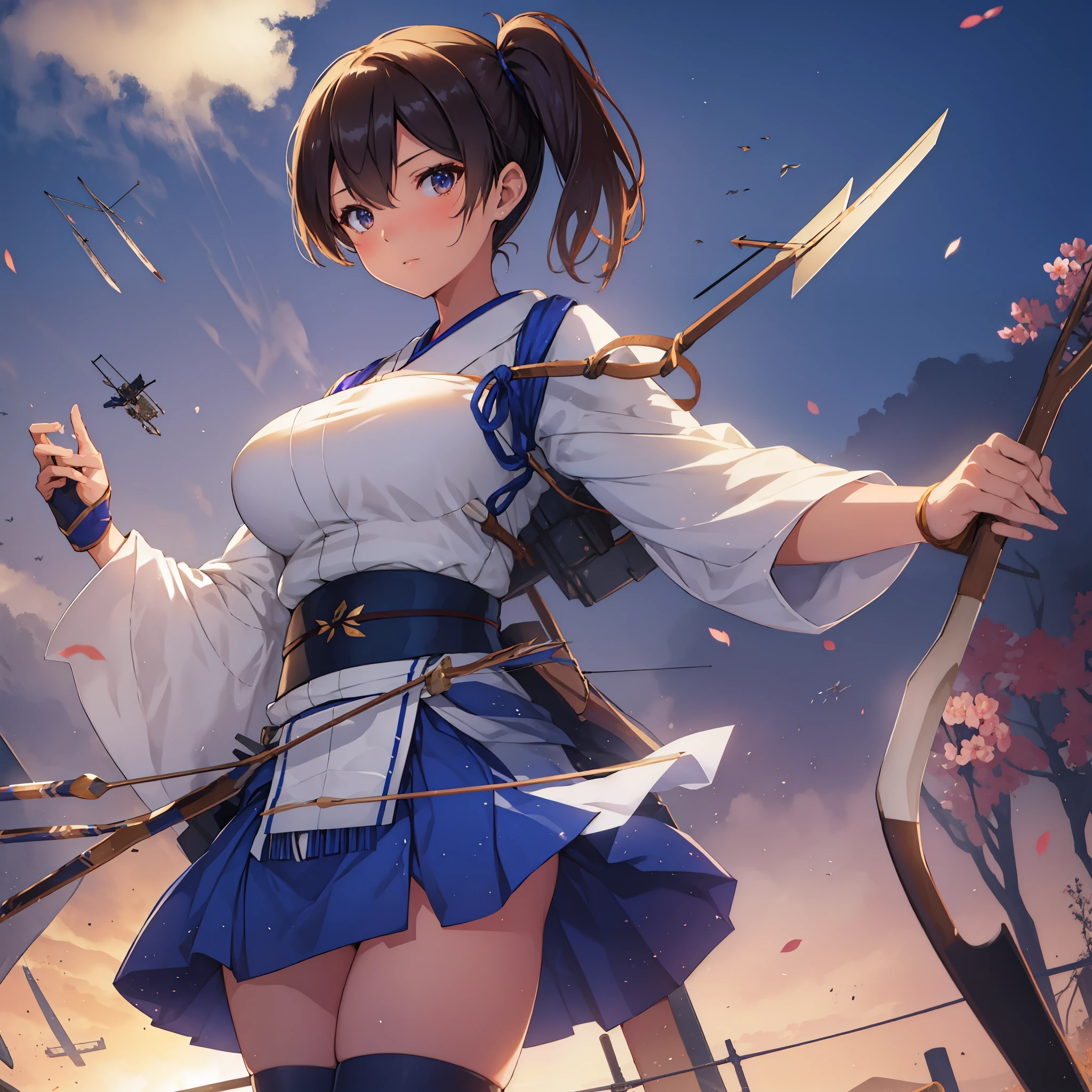 Kaga(Fleet Collection),highest quality, masterpiece, High resolution,kimono,blue skirt,side ponytail,big_breasts,solo,Japanese_bow&arrow,dynamic_posing,half_eyes,solo,plump,